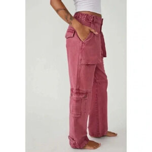 New Free People Marx Slouchy Wide Leg Baggy Jeans Pink Cargo Pants 24